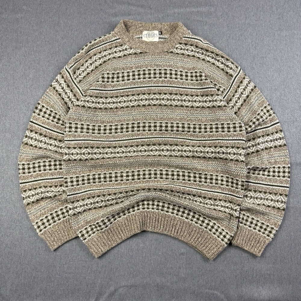 Vintage 90s Classics Knit Sweater Mens Medium Brown Fair Isle Made In Canada